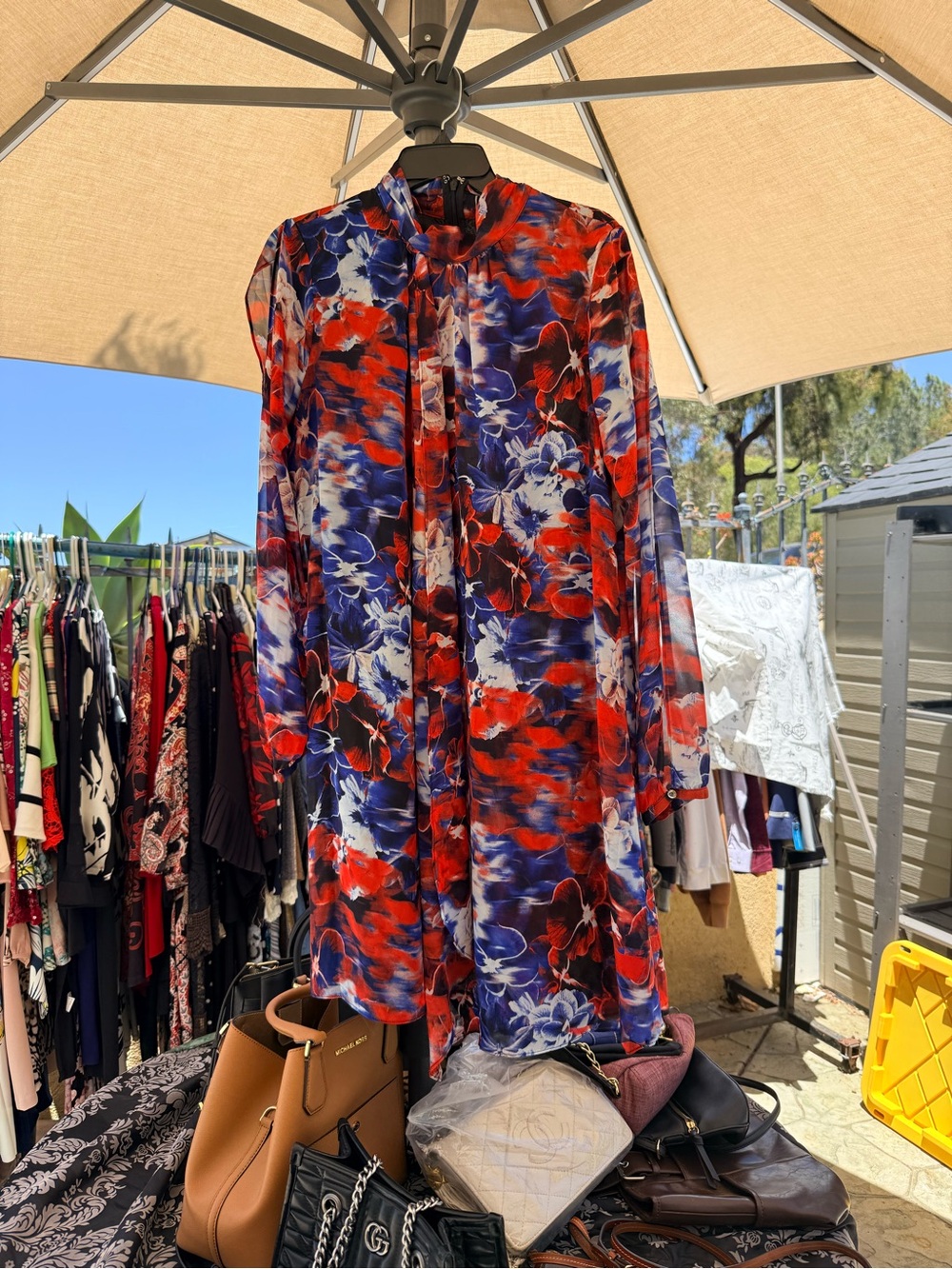 Jennifer Lopez Red, Blue & White Floral Sheer Button-Front Blouse